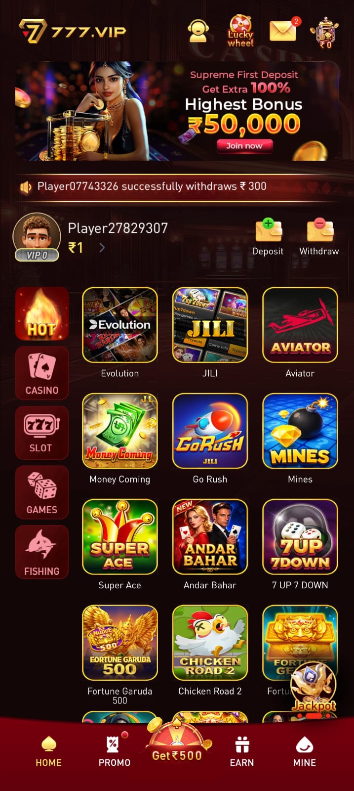 777.VIP game home page showing gaming categories and app features